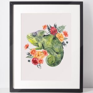 Wall Art Watercolor Floral Chameleon Illustration Print Poster Unframed